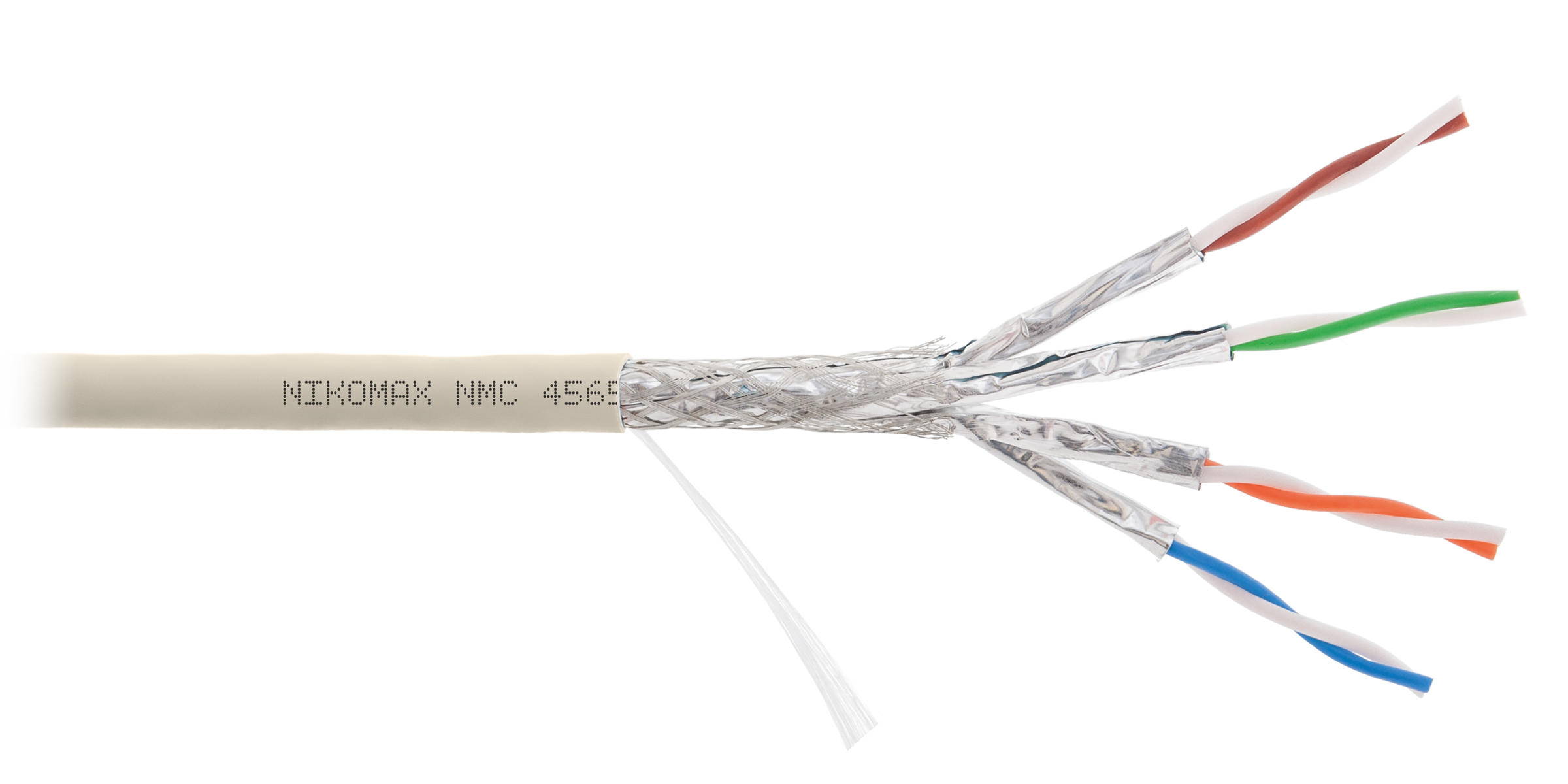 Кабель NIKOMAX S/FTP 4 пары, Кат.7 (Класс F), тест по ISO/IEC, 600МГц, одножильный, BC (чистая медь), 23AWG (0,56мм), полимерный материал нг(А)-LSLTx, внутренний, светло-серый, 500м - гарантия: 5 лет /15 лет системная