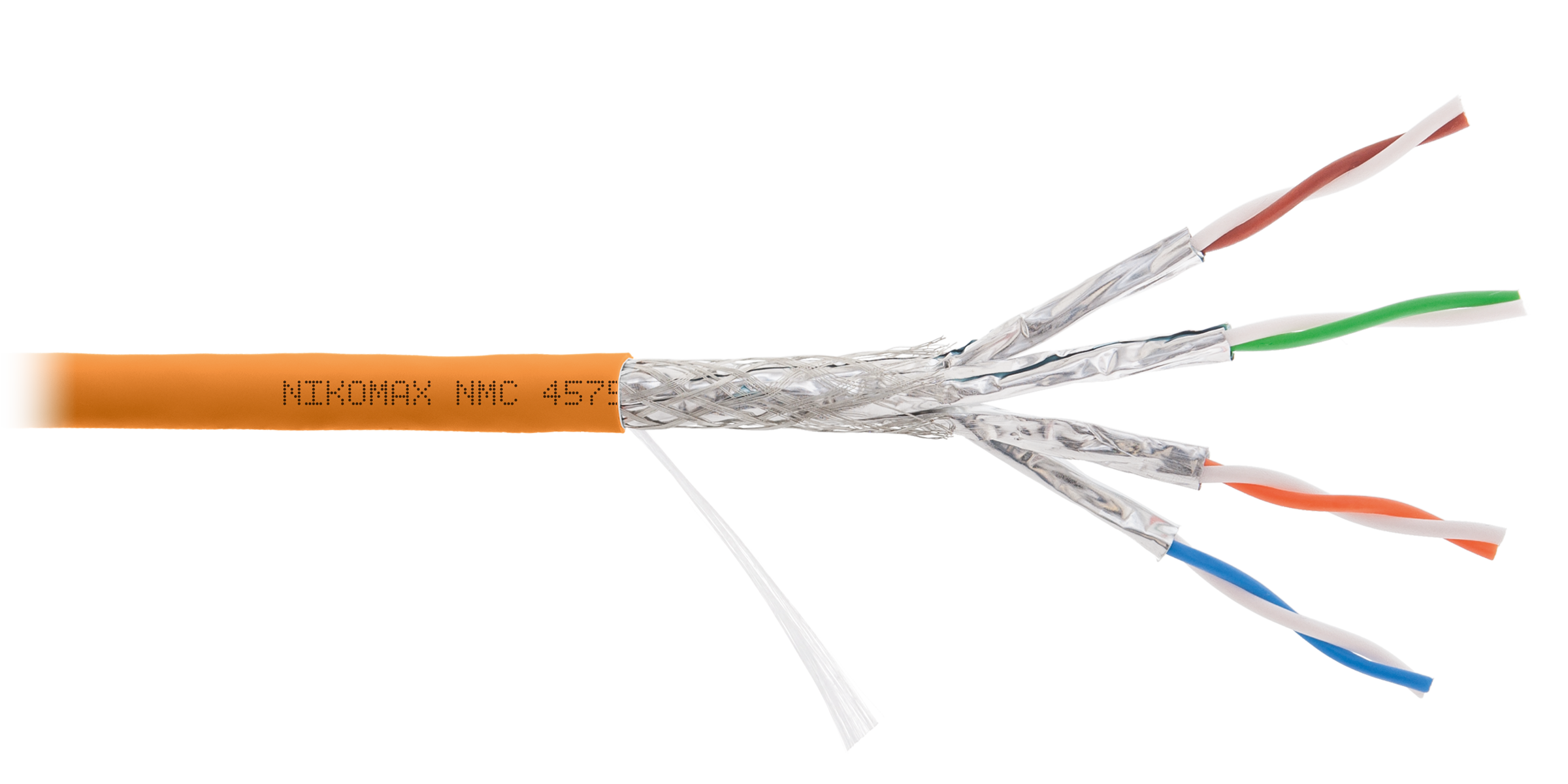 Кабель NIKOMAX S/FTP 4 пары, Кат.7a (Класс Fa), тест по ISO/IEC, 1000МГц, одножильный, BC (чистая медь), 23AWG (0,58мм), полимерный материал нг(А)-HF, внутренний, оранжевый, 500м - гарантия: 5 лет /15 лет системная